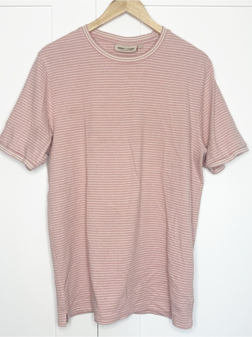 Amongst Others stripe crew neck T-shirt large pink cream heavyweight knit casual